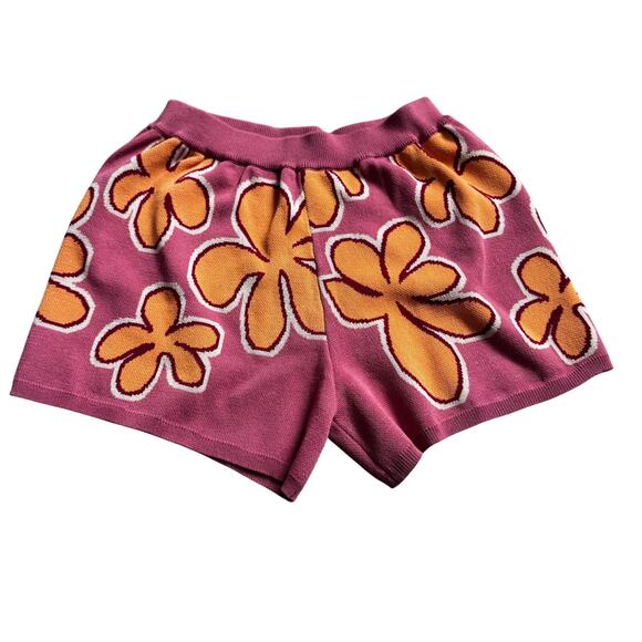 Miss Sparkling Retro Floral Knit Shorts Pink Orange Yellow Large Y2K Vibe - Picture 1 of 4
